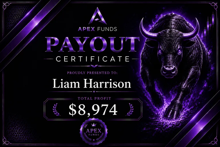 ApexFunds Payout Certificate — Liam Harrison — $8,974